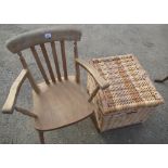 Victorian style beech kitchen elbow chair with lathe back, solid seat on turned ringed legs and a