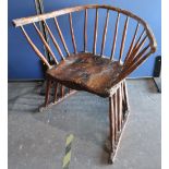 Large country made rustic chair with yolk, stick back and shaped solid seat, on similar support