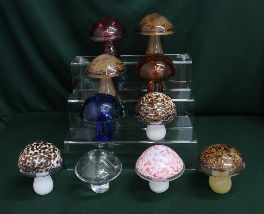Wedgwood glass mushrooms in various colours and designs, H10cm (10)