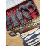 Souvenir boxed terracotta warriors, native African carved letter knife, Far Eastern chopsticks