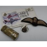 Royal Sussex Regt. Mother-of-Pearl and enamel sweetheart brooch, a pair of RAF cloth wings, RAF 50th