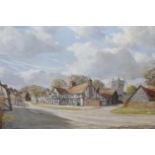 Frank Edwards (20th C): Village street scene, oil on board, signed, 71cm x 56cm including frame