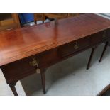 Early 19th C mahogany three drawer side table, satinwood banded top on square tapering supports with