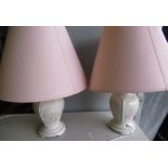Pair of Chinese style ceramic table lamps with pink shades (2)