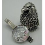 Silver 'Born Wild' biker ring in the form of an eagle 3.75cm size W, and a silver tie clip with an
