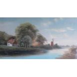 English School (Early 20th C): Windmill and a cottage on a wooded riverbank, oil on card, in gilt