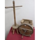 Early 20th C pine steel bound butter churn and a wash dolly (2)
