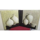 Contemporary School: Pair of still life studies of vases, oils on canvas, unframed, H77cm W77cm