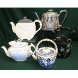 Davenport teapot with blue white & gilt decoration, Albion Pottery teapot with blue, white & gilt