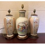 Pair of Oriental style hexagonal table lamps, another table lamp decorated with figures and a set of