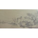 De Sarcus, (French late 18th/early 19th C): Boats by the banks of a river with castle, pencil,