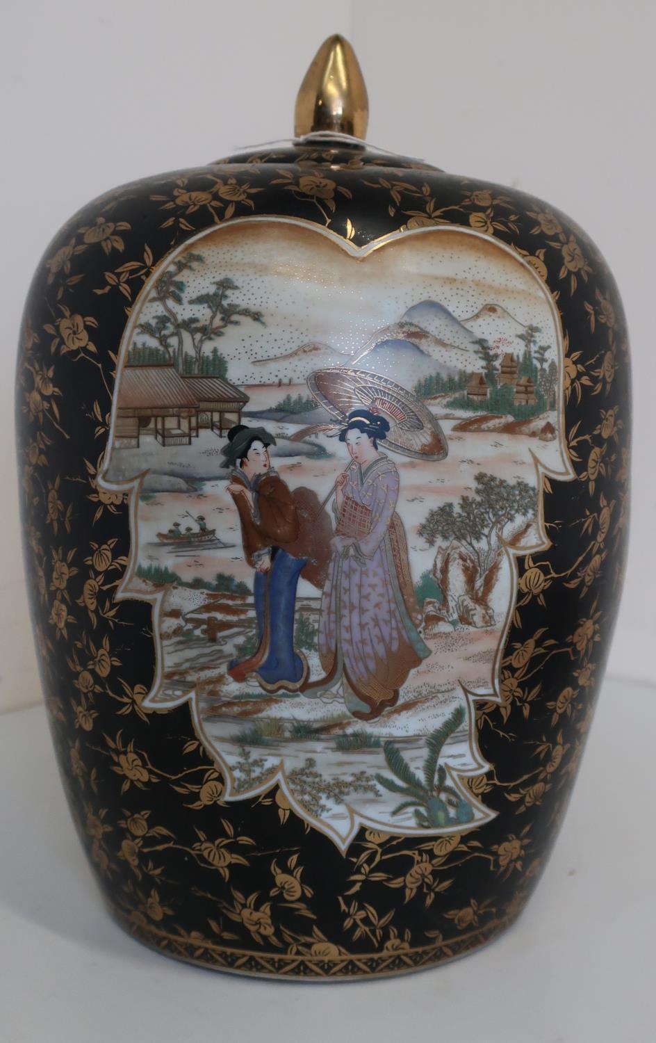WITHDRAWN - Large Satstuma pottery vase and cover, decorated in relief panel with two female figures