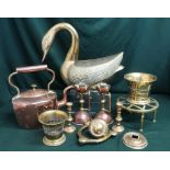 Copper kettle, two copper candlesticks with handles, brass door knob, two brass containers, a