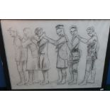 Framed and mounted charcoal sketch "Gas Attack" depicting soldiers from the front WWI, signed by the