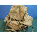 Mid 20th C military style canvas and webbing backpack with metal frame and leather strapworks with