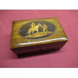 Italian souvenir olive wood cigarette box with oval inlaid panel, depicting a man and woman on