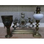 Reproduction brass Royal Warrant, a 19th C paraffin lamp with opaque glass shade and an Eastern