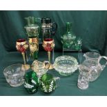 Collection of hand painted coloured glassware incl. green coloured jugs, clear glass jugs, vases,