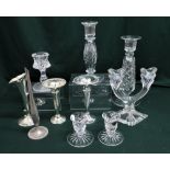 A pair of Waterford lead crystal dressing table candlesticks, an Edinburgh Crystal candlestick three