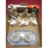 Edwardian Booths Mosaic Panel inkstand, three Crown Staffordshire swallows, Meissen figure of a