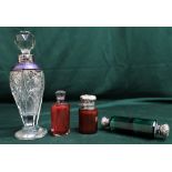 Geo.V cut glass scent bottle with silver and enamelled collar (marks rubbed) with faceted stopper, a