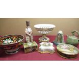 Noritake fruit bowl decorated with roses with gilt rams head handles, large Limoges dressing table