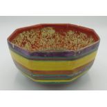 Clarice Cliff Bizarre Liberty stripe pattern octagonal bowl, printed marks, D20cm (A/F)