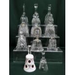 Collection of glass hand bells including Waterford, Stuart, Silver Wedding 25 years and a