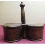 19th C oak two division spice container with swivel lid and turned handle