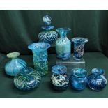 Collection of Mdina turquoise coloured glass vases and a decanter (8)