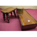 Victorian yew lacemakers stool with shaped top on turned tapering ringed legs, a mahogany box with