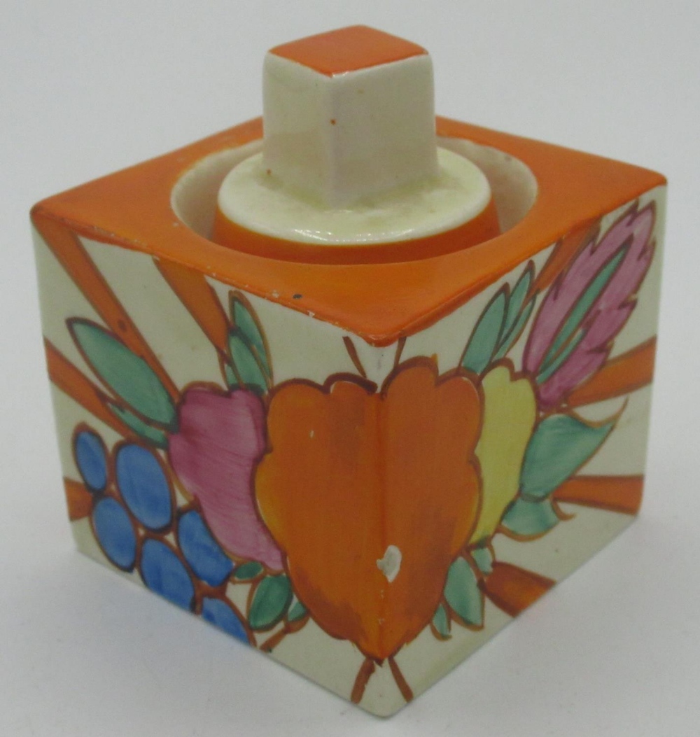 Clarice Cliff Bizarre Fantasque Honeyglaze cube inkwell and cover decorated in Fruitburst pattern,