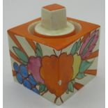 Clarice Cliff Bizarre Fantasque Honeyglaze cube inkwell and cover decorated in Fruitburst pattern,