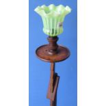 1940's oak standard lamp, adjustable ratchet column support with Victorian green Vaseline glass