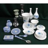Wedgwood Jasper ware including candlestick, vases, trinket boxes and porcelain fruit spoon etc,