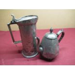 Large French pewter double litre measure in the form of a flagon, cylindrical body with hinged
