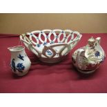 19th C Creamware type fruit bowl with pierced border H11cm D26cm, and sepia blue decoration (AF),