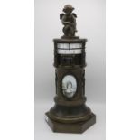 French style mantle timepiece, patinated cylindrical column with painted porcelain panels and
