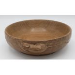 Robert Mouseman Thompson - small adzed oak circular bowl, exterior carved with a signature mouse,