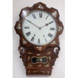 Late 19th C American drop dial wall clock, white Roman dial in oak case inlaid with mother of pearl,