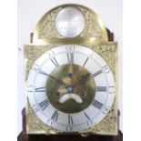 Geo. III oak long case clock, 44cm arched brass dial with silvered Roman chapter, subsidiary seconds