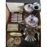 Set of cased butter knives, a silver plated part tea service and a dressing table set