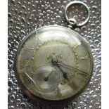 Victorian silver open faced key wound pocket watch, silvered dial applied gold numerals and leafs,