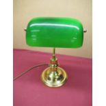 Early 20th C style brass bankers-reading lamp circular moulded base with green adjustable mottled