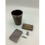 19th C horn beaker with unmarked white metal trim, a continental white metal filigree card case, a