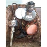 Vintage wicker basket, a Victorian oil lamp with faceted clear glass reservoir, toll ware vase,