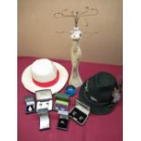 Panama style hat, an Austrian Capo waterproof alpine hat with various badges for Austria etc,
