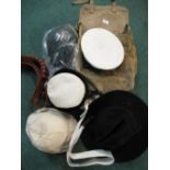 British canvas haversack stamped 1916 with broad arrow mark, sailors cap various other hats, leather