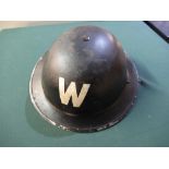 British WWII period black "W" air wardens steel helmet with liner and chinstrap