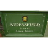 A wooden sign for Aidensfield County Junior School attributed to the Heartbeat TV series H76cm x